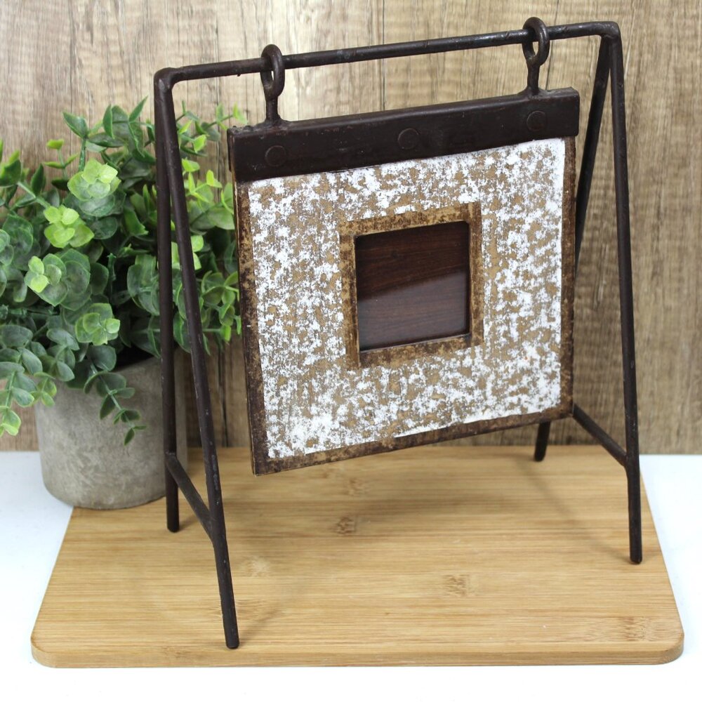 Standing Picture Photo Frame Hanging from Metal A Frame Stand Rust Brown Bronze